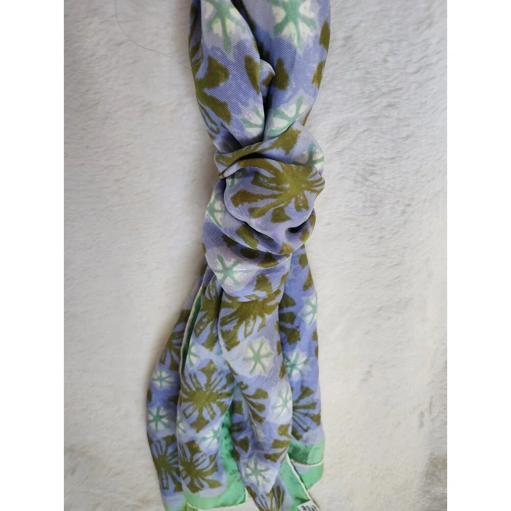Vintage Vera Neumann Silk Scarf HandRolled Green Blue 60-70's Flower Geo Design